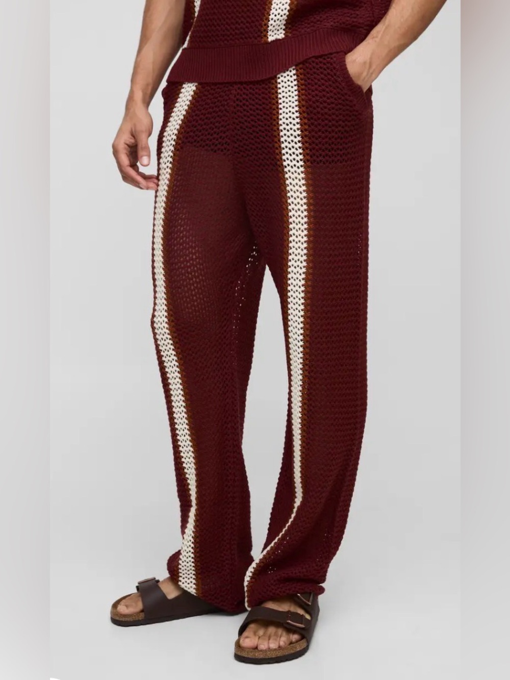 NWT Men's Knit Track Pants in Burgundy with Cream Stripes
